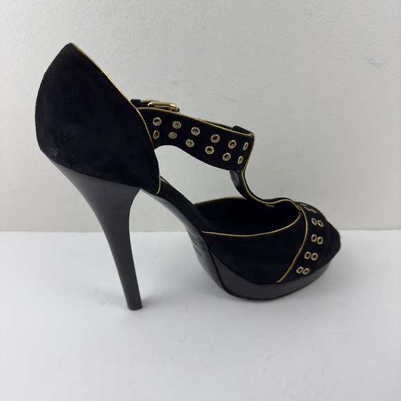 Fendi black suade with gold trim Grommet peep toe platform heels - Picture 5 of 10